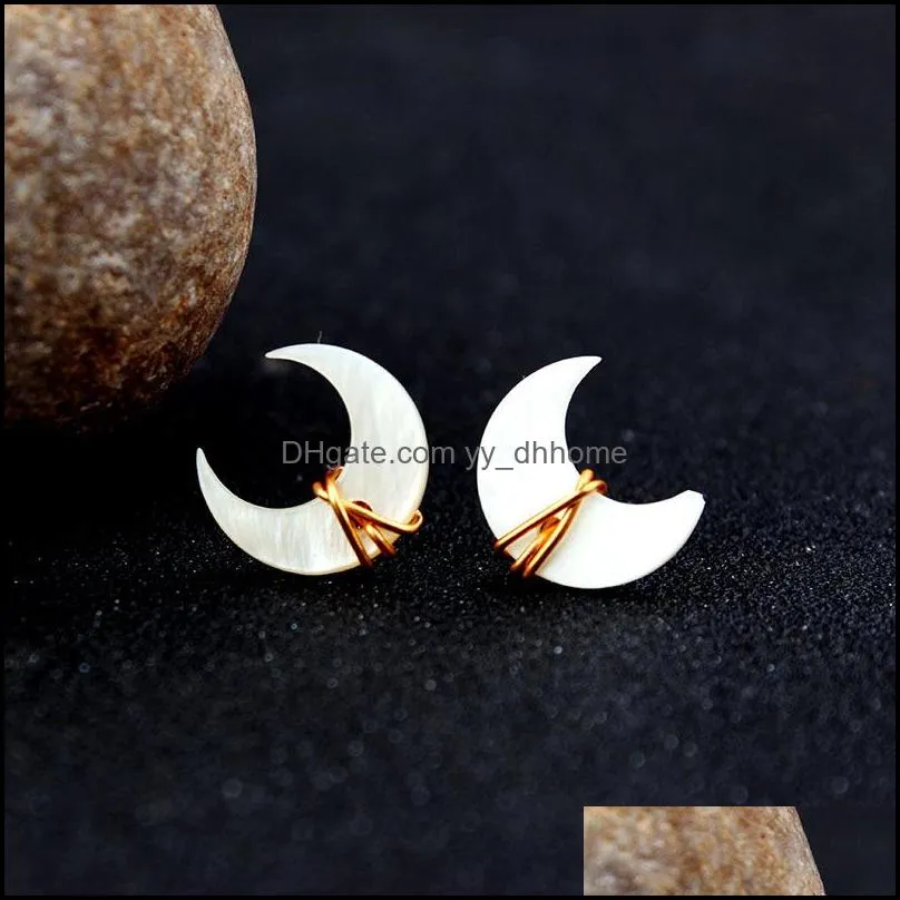 Unique Design Crescent Moon Stud Earrings Mother of Pearl Gemstone Post in Gold Sterling Silver Handmade Wire Wrapped Ear Wedding