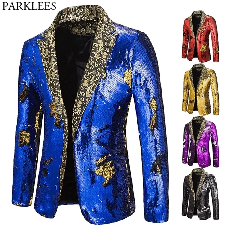 Luxury Royal Blue Sequin Glitter Blazer Jacket Men Flower Lapel 2 Color Conversion Blazers Mens Nightclub Stage Singers Custmes 220527