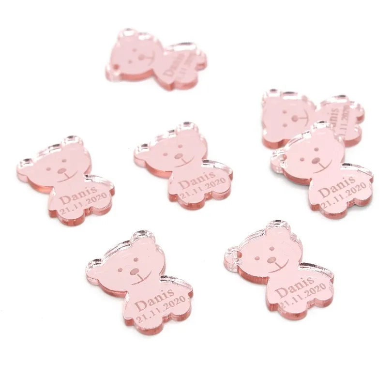 50 Personalized Cute Bear Baby Shower Engraved Baby Name Date Custom Princess Birthday Party Confetti Gift Tag Decoration Favors 200929