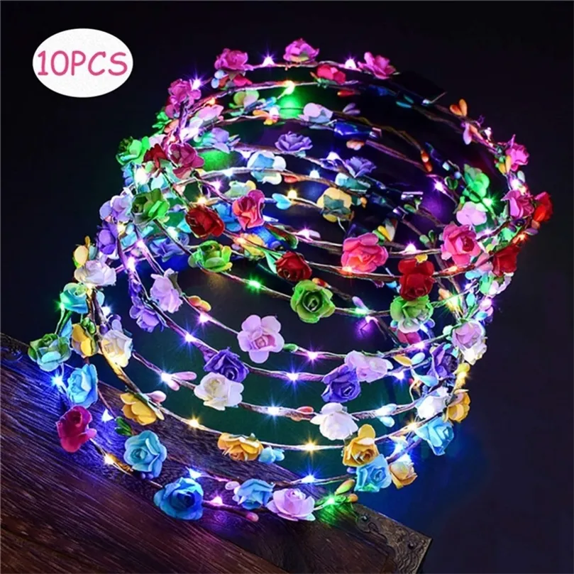 10 leuchtende Girlanden, Hochzeitsfeier, Krone, Blumen-Stirnband, LED-Licht, Weihnachten, Neon-Kranz, Dekoration, leuchtende Haargirlande, Haarband 220527