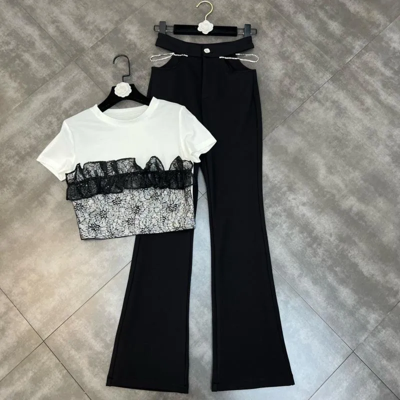 Women's Two Piece Pants Short 2022 Sleeve Black White Patchwork Lace T Shirt Rhinestone Hollow Out Waist Long Flare Set GF358Women's