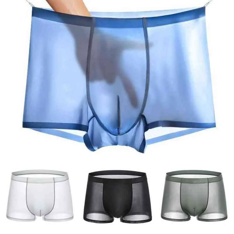 Hommes Sexy Sous-Vêtements Sans Couture Pantalon Ultra-mince Transparent Boxershorts Mâle Mi-hauteur Maille Slips Homme Culotte Boxer Shorts G220419