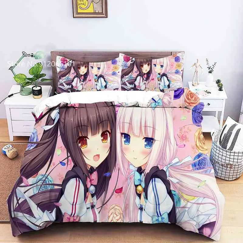 Nekopara sängkläder set 3d tryck sexig tjej duvet täcker tecknad anime säng singel drottning king kudde hett heta anpassade anpassade