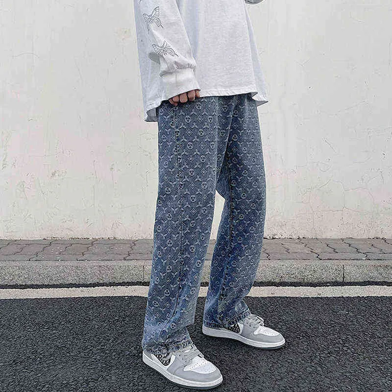 Retro American Jacquard Loose Jeans For Men Thin, Street