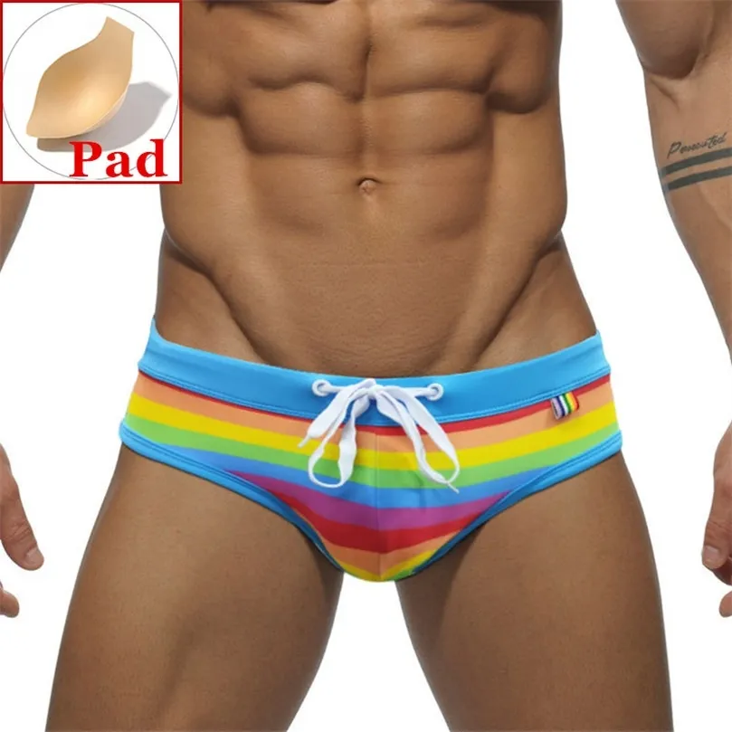 Push Up Mens Swim Briefs Rainbow Stripe Swimwear Bikini Swimming Trunks for Man Sexy Gay Swimsuit Shorts Zwembroek Desmiit 220505