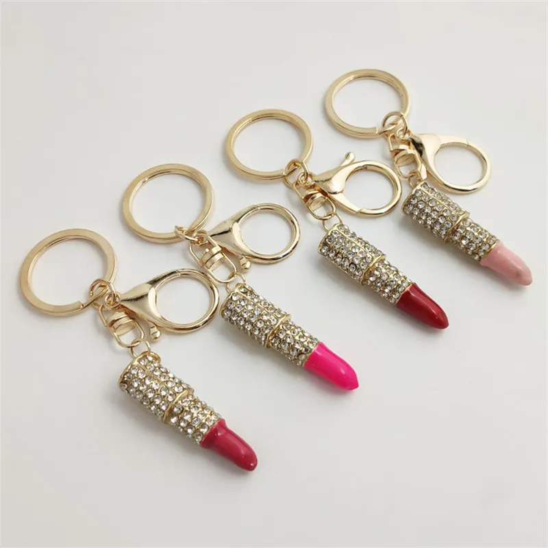 Crystal Lipstick Keyring Rhinestone for Woman Sieraden vrouwen charme auto gouden hanger Keychain 7 kleuren