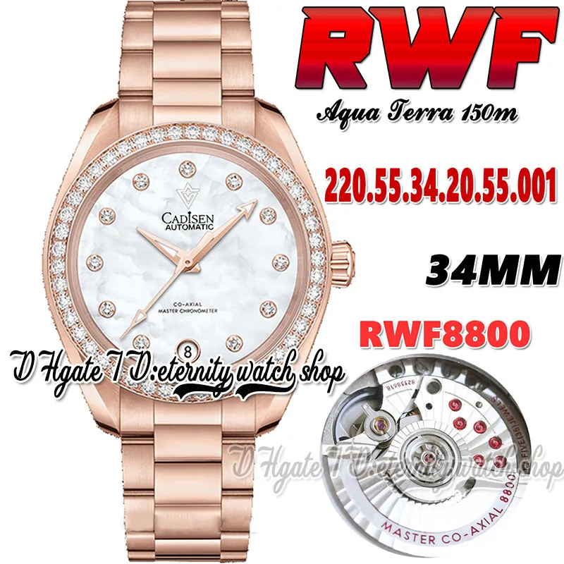 RWF Aqua Terra 150m A8800 Automatisk kvinnors Titta på 220.55.34.20.55.001 34mm Pearl Dial Dial Dial Dial Diamond Bezel Rose Gold rostfritt stålarmband Super Eternity Watches