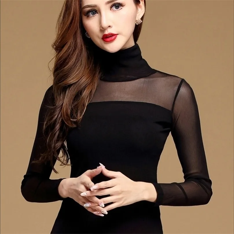 Topy damskie bluzka czarna biała seksowna długie, swobodne koronki z długim rękawem pod koszulami elastyczne bluzki i bluzki kobiety 210326