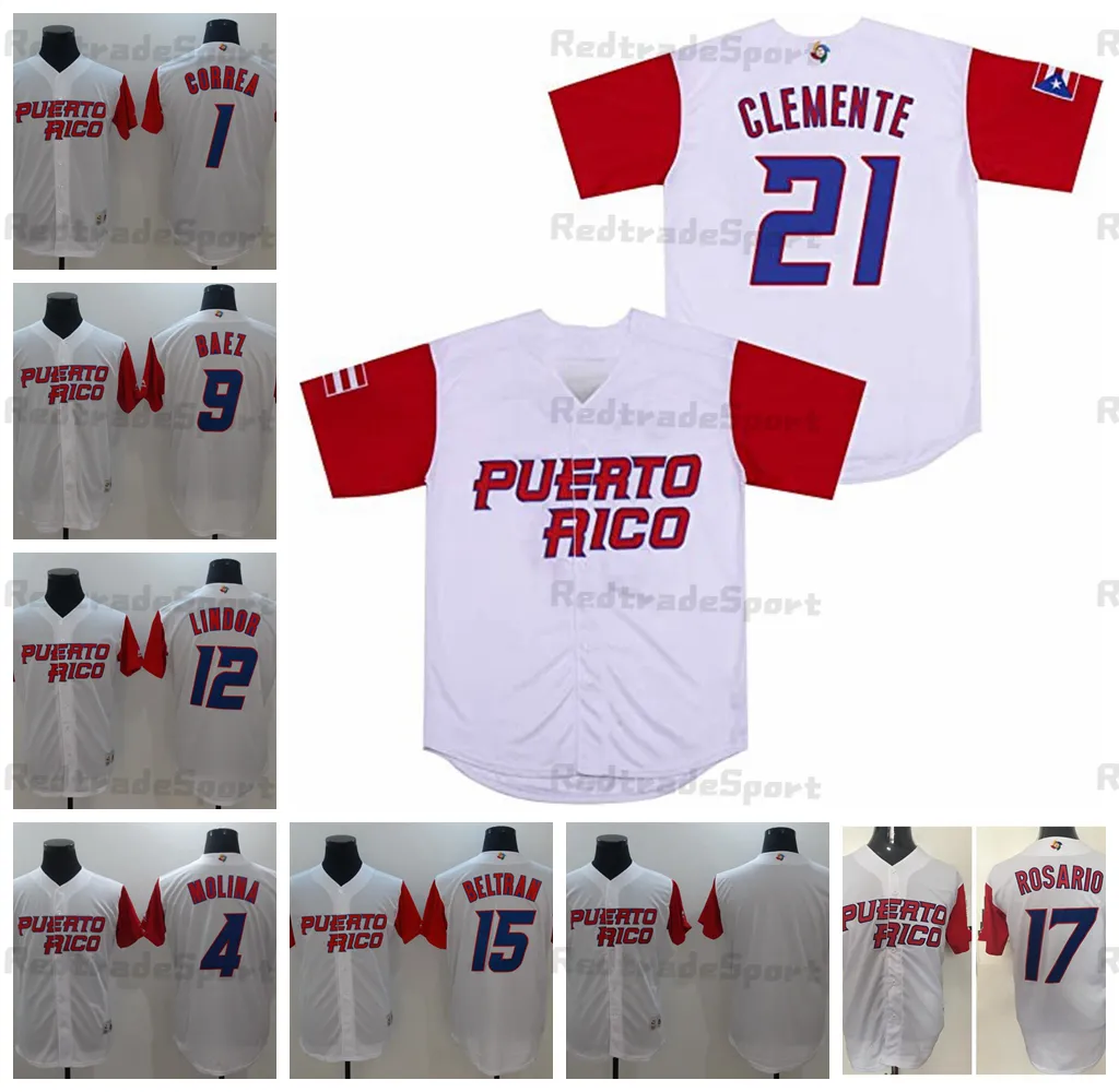 Maglie da baseball da uomo Puerto Rico World 9 Javier Baez 17 Eddie Rosario 1 Carlos Correa 12 Francisco Lindor 4 Yadier Molina 21 Roberto Clemente 15 Carlos Beltran Jersey