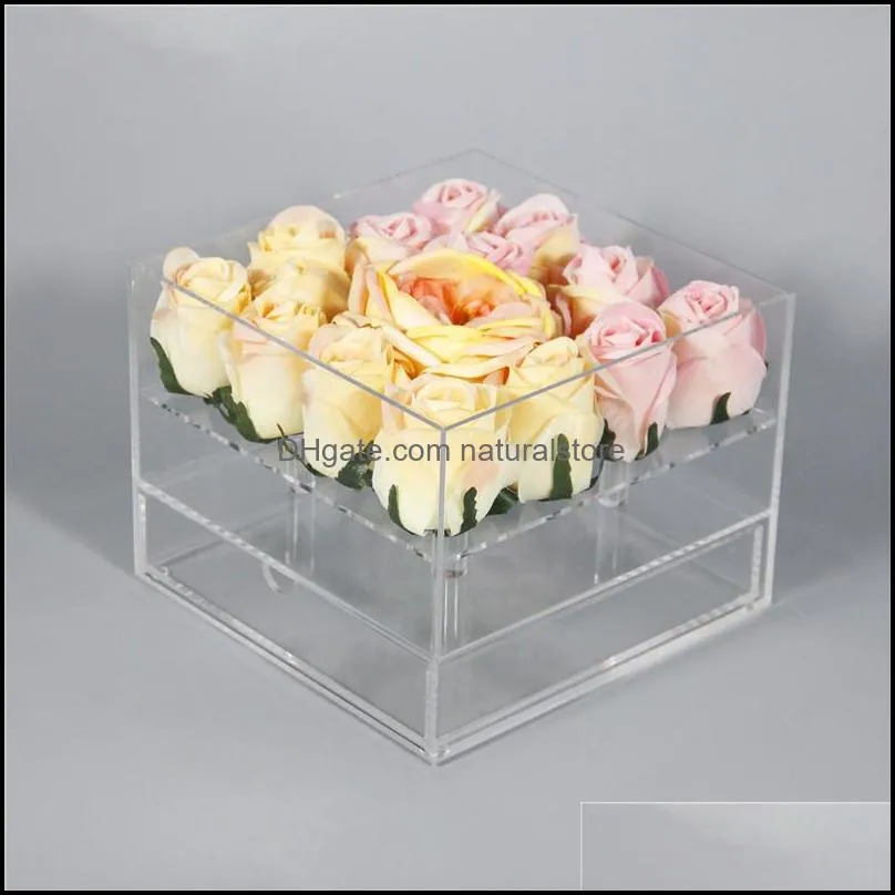 New Clear Acrylic Rose Flower Box With Drawer Makeup Organizer Valentine`s Day Wedding Gift Flower Drawer Box With Cover Wholesale