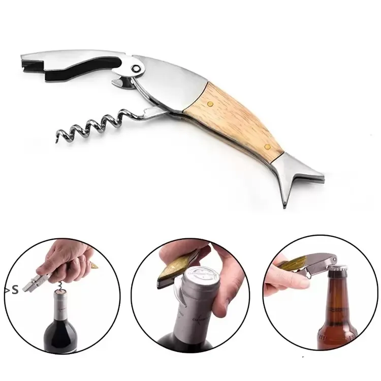 Multifunction Corkscrew wine opener Fish Shape Bottle 3D Shape Wood Handle Tool Accessories BBB14990