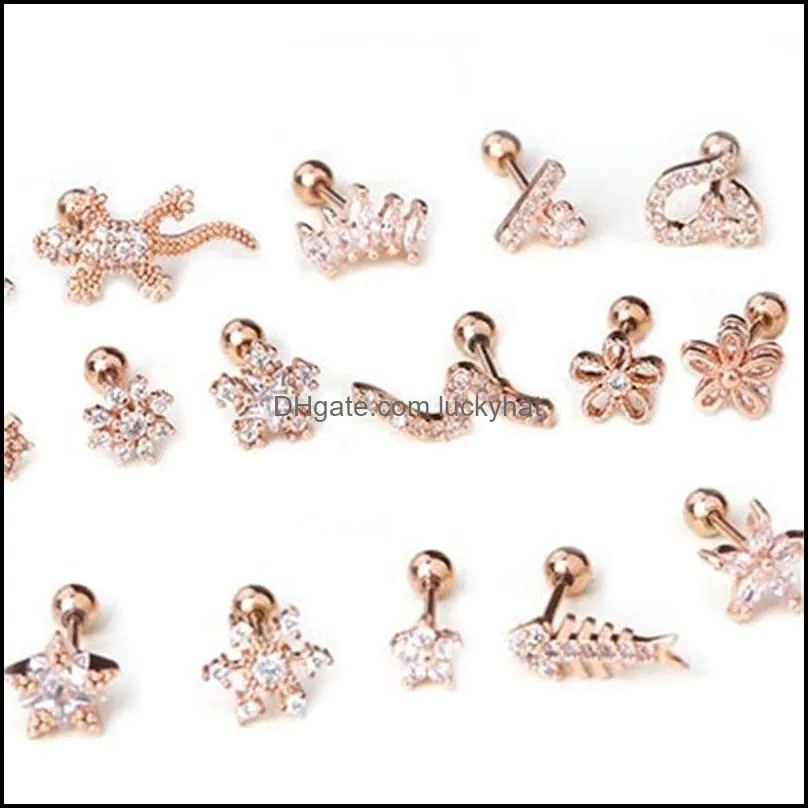 1Pc Gold Silver Color Animals Flower CZ Tragus Cartilage Stainless Steel Helix Ear Stud Piercing Crystal Zircon Daith Earring 1213 Q2