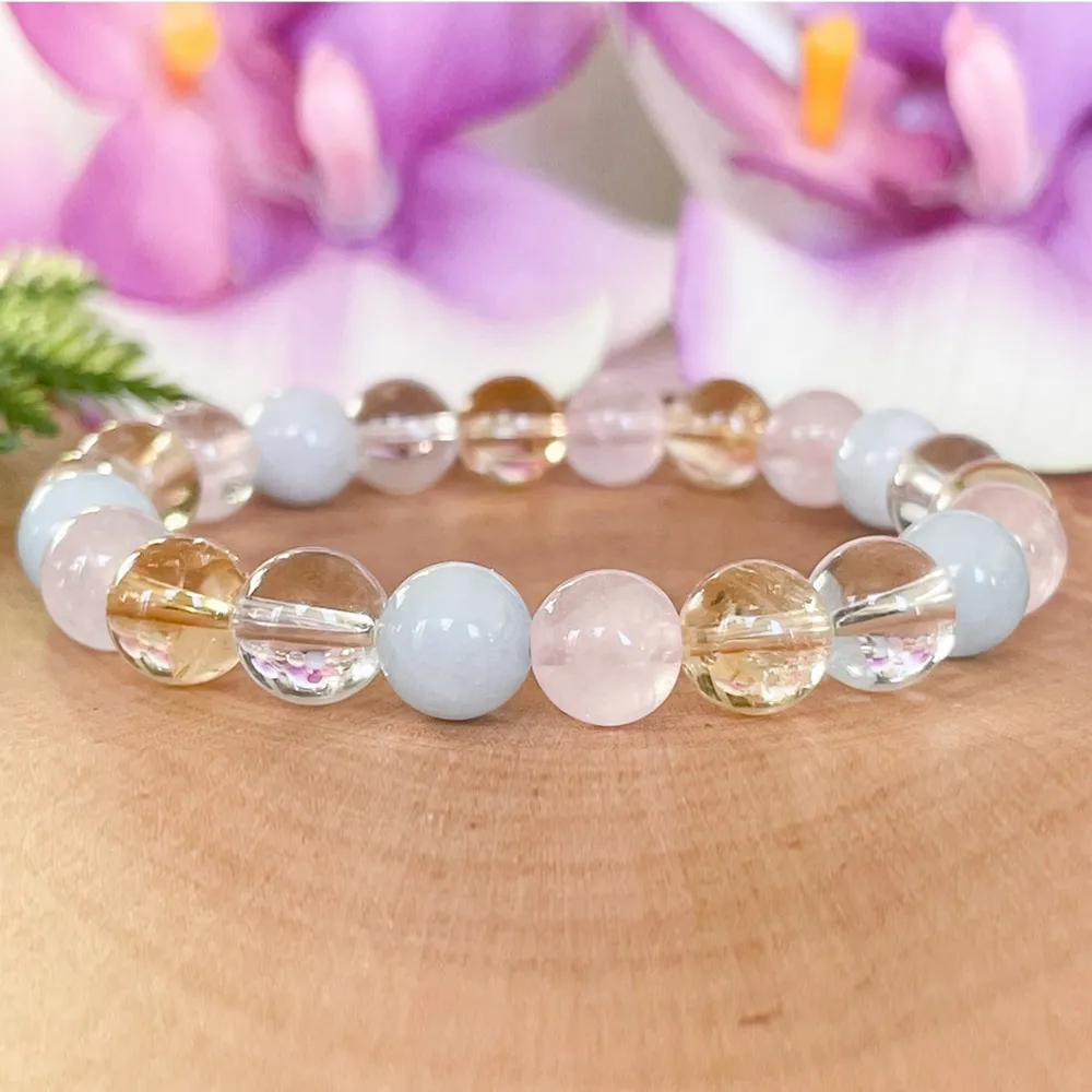 MG1495 Strand Libra Zodiac Gemstone Bracelet Aigue-Marine Quartz Rose Citrine Quartz Clair Cristaux De Guérison Bijoux Octobre Pierre De Naissance