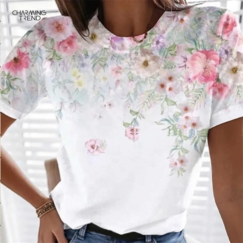 Kvinna T-shirts Top Round Neck Short Sleeve Casual Flower Print Vintage Topps Pullover Female Elegant Streetwear Lady T-Shirts 210702