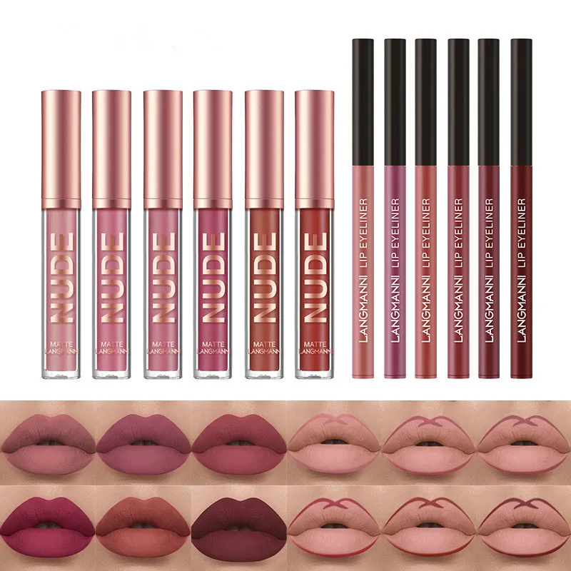 12 teile/satz lippenstifte antihaft-becher Lip Gloss Set Wasserdicht Matte Langlebige Natur Lippen Kontur Linie Nude Make-Up