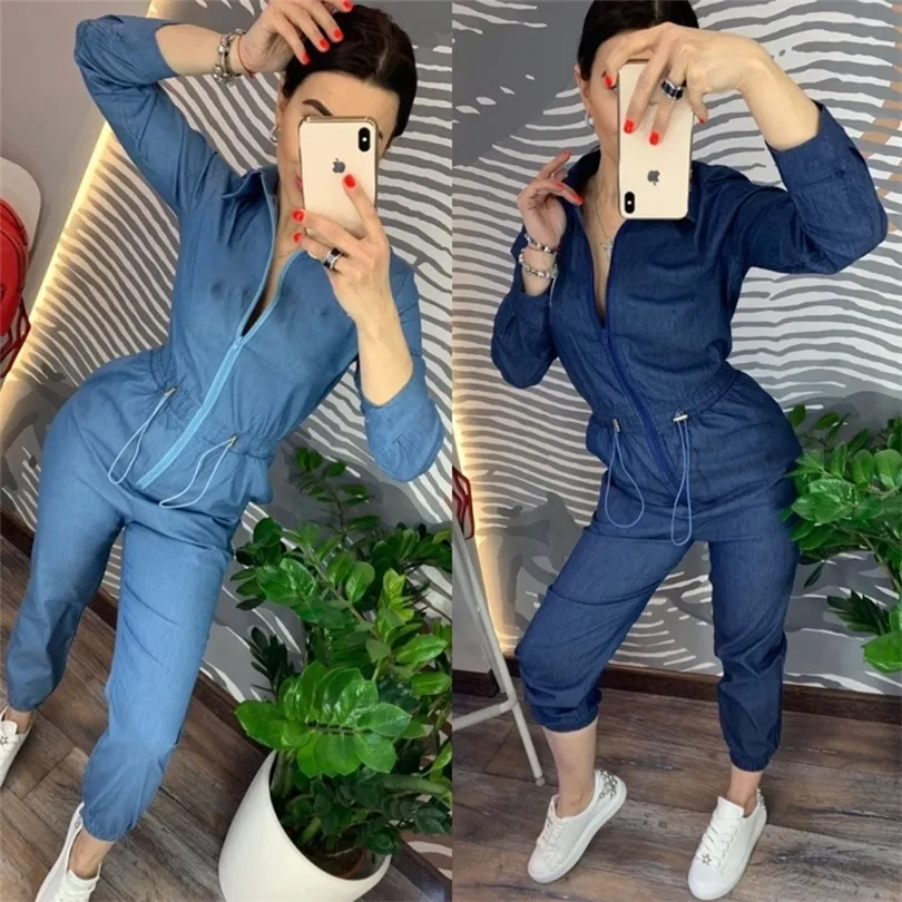 Denim blauw rompers vrouwen casual rits omhoog jumpsuit lange broek losse letter print playsuit plus size vrouwen werk outfits t200509