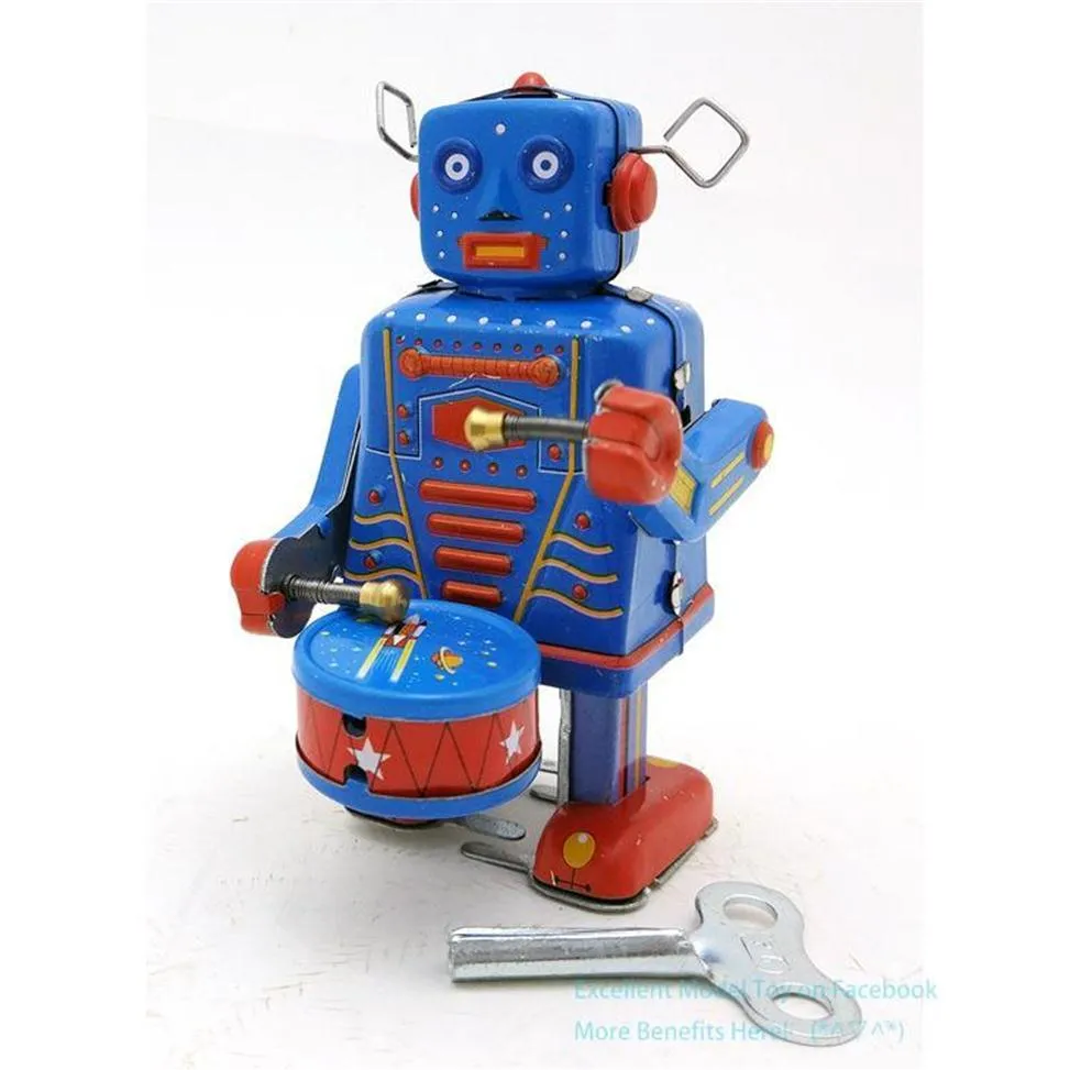 NB Tinplate Retro Wind-up Robot kan trumma Walk Clockwork Toy Nostalgic Ornament för barn födelsedag julpojke gåva samla 230d