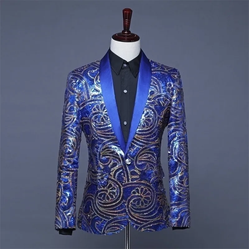 Giacca da uomo con paillettes blu royal Blazer blu da uomo Costumi di scena Abiti da carnevale Americanas Hombre Blazer con paillettes da uomo 201104