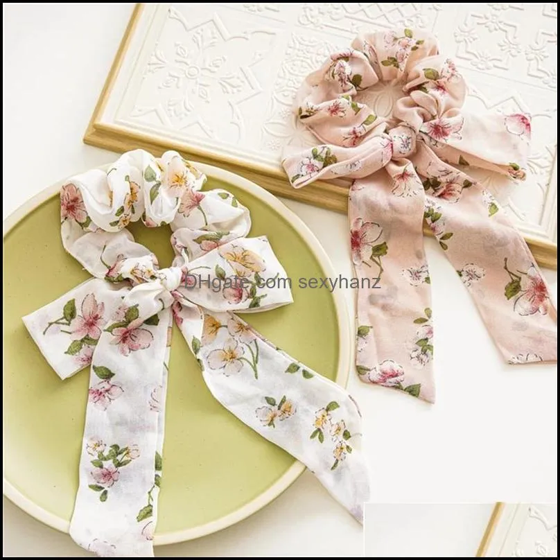 women hair ring long ribbon scarf elastic hair band loop rubber headwear flowers head rope ties headdress hair scrunchies