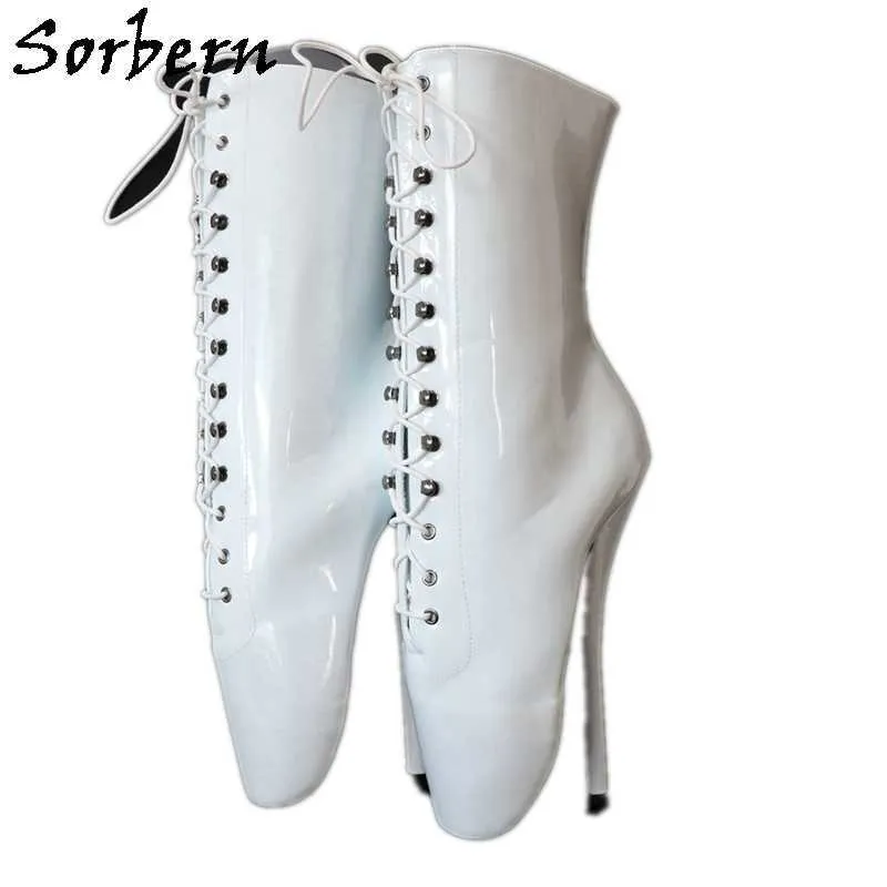 Sorbern witte stiletto ballet laarzen Unisex hoge hakken 18 cm korte laarzen voor vrouwen bdsm schoen sexy fetish aangepaste kleuren