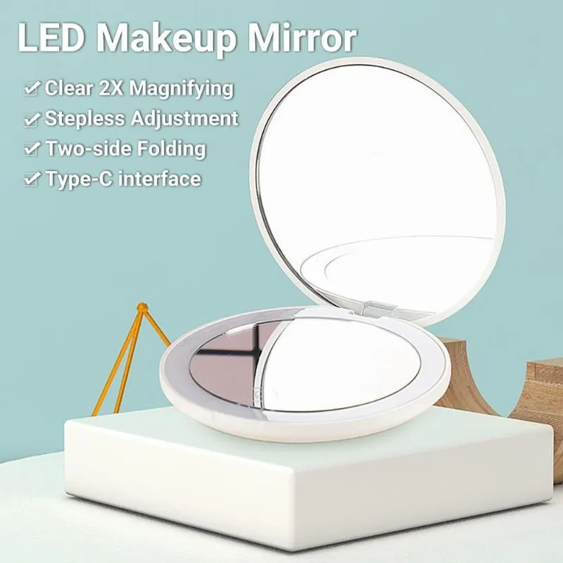Compact Mirrors Makeup Mirror Clear 2X Magnifying Stepless Adjustment Two-side Folding Type-C LED Pocket Cosmetic MirrorCompact CompactCompa