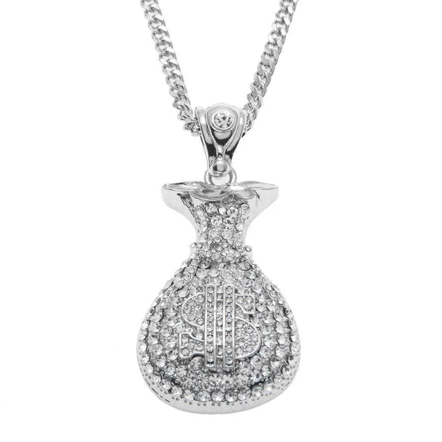 Hop Hip Antik Silber vergoldet Geld Tasche Anhänger für Männer Frauen Bling Kristall Dollar Charm Halskette lange kubanische Kette Jewelry289g