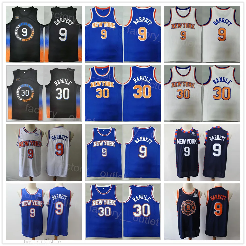 남자 농구 Julius Randle Jersey 30 RJ Barrett 9 팀 컬러 네이비 블루 흰색 스포츠 팬을위한 스티치 통기 가능한 순수 면화