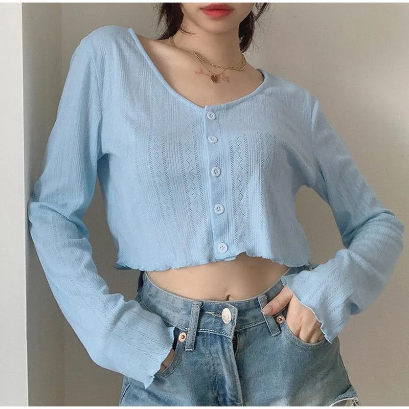 Women's Blouses & Shirts JMPRS Sexy V-Neck Women Crop Top Fashion Summer Thin Button Up Sweet Hollow Out White Casual Korean Loose Tops 2022