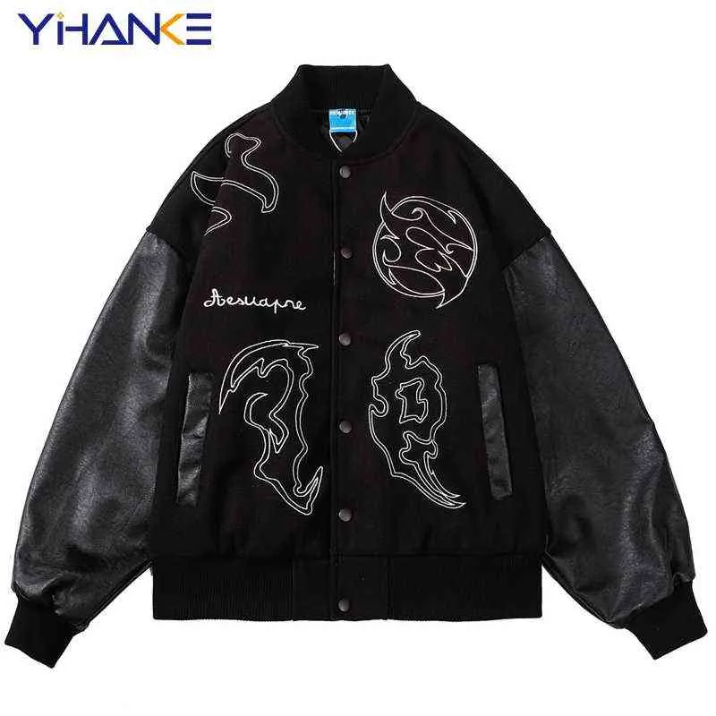 Hip Hop Baseball Veste Manteau Hommes Lettre Broderie Streetwear Manches En Cuir Patchwork Varsity College Mode Vintage Veste T220816