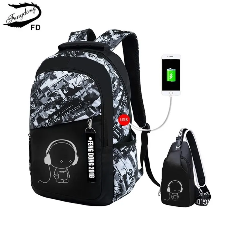 Fengdong Jungen Schultaschen Wasserdichter großer Rucksack für Teenager Bagpack High School Rucksack für Jungen Studenten Brusttaschenset LJ201225