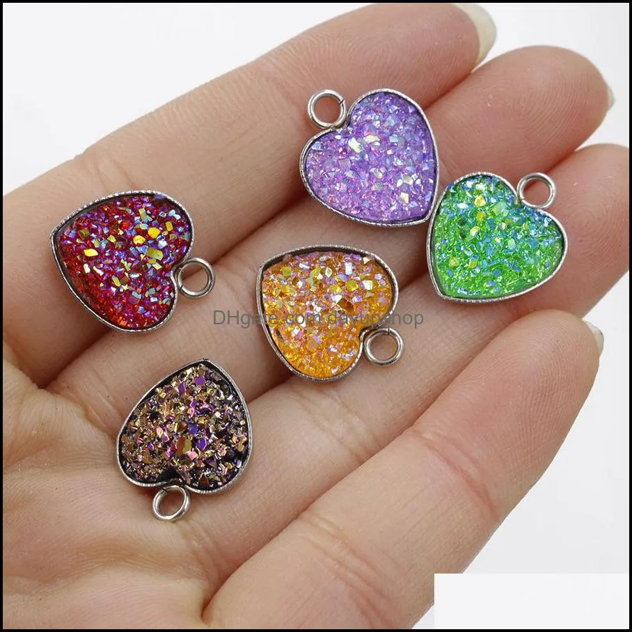 stainless steel love heart druzy stone pendant 13mm bling heart-shaped charm for necklaces fashion diy jewelry making bulk