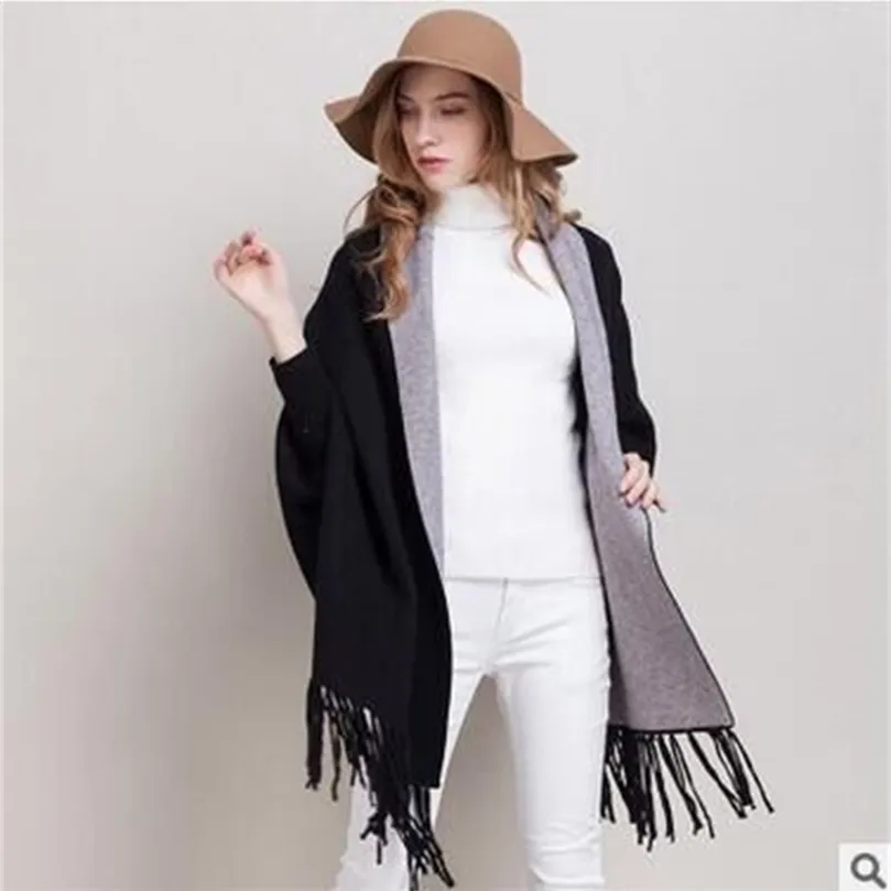 Poncho invernale con scialli a maniche Avvolge Pashmina Risvolto Reticolo Maglione lavorato a maglia geometrico Cappotto Nappe Maniche a capo Donna 201214