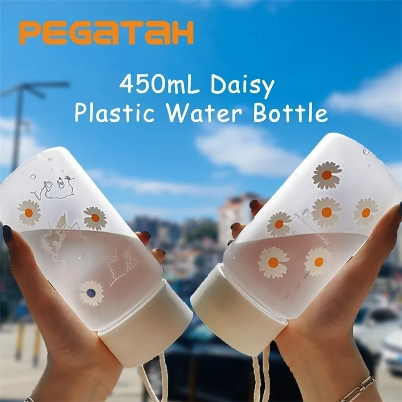 450 ml smal daisy plastvattenflaska bpa gratis kreativt frostat bärbart rep resor handy cup dryck flaska 220714