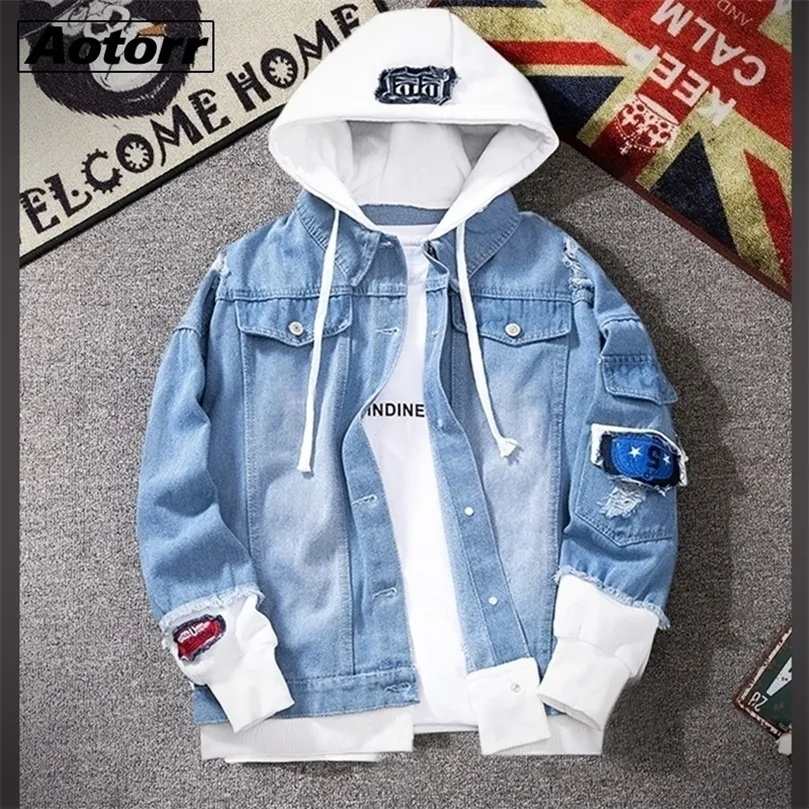 Giacca di jeans da uomo con cappuccio alla moda alla moda hip hop hop streetwer jeans giacca denim jeans giacca cowboy cappotto abbigliamento 201128