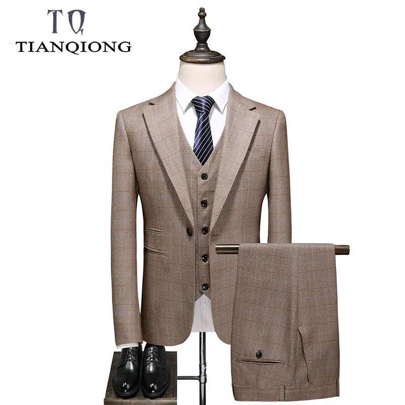 Tian Qiong Marka Khaki Takım Erkekler Erkekler İçin İnce Fit Düğün Takımları Yüksek Kaliteli Erkek İş İş Gündelik Takım Takım Elbise Pantolonlu 201106