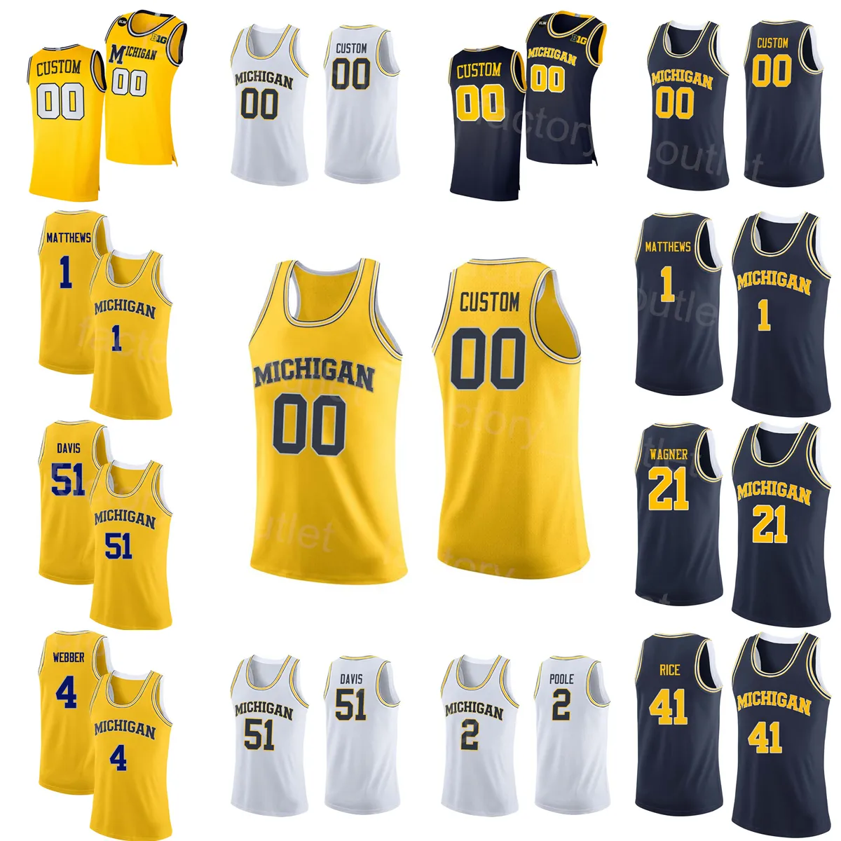 NCAA Michigan Wolverines College Jersey Basketball 51 Austin Davis 4 Chris Webber 41 Glen Rice 25 Juwan Howard 2 Isaiah Livers University Team Bleu marine Jaune Blanc