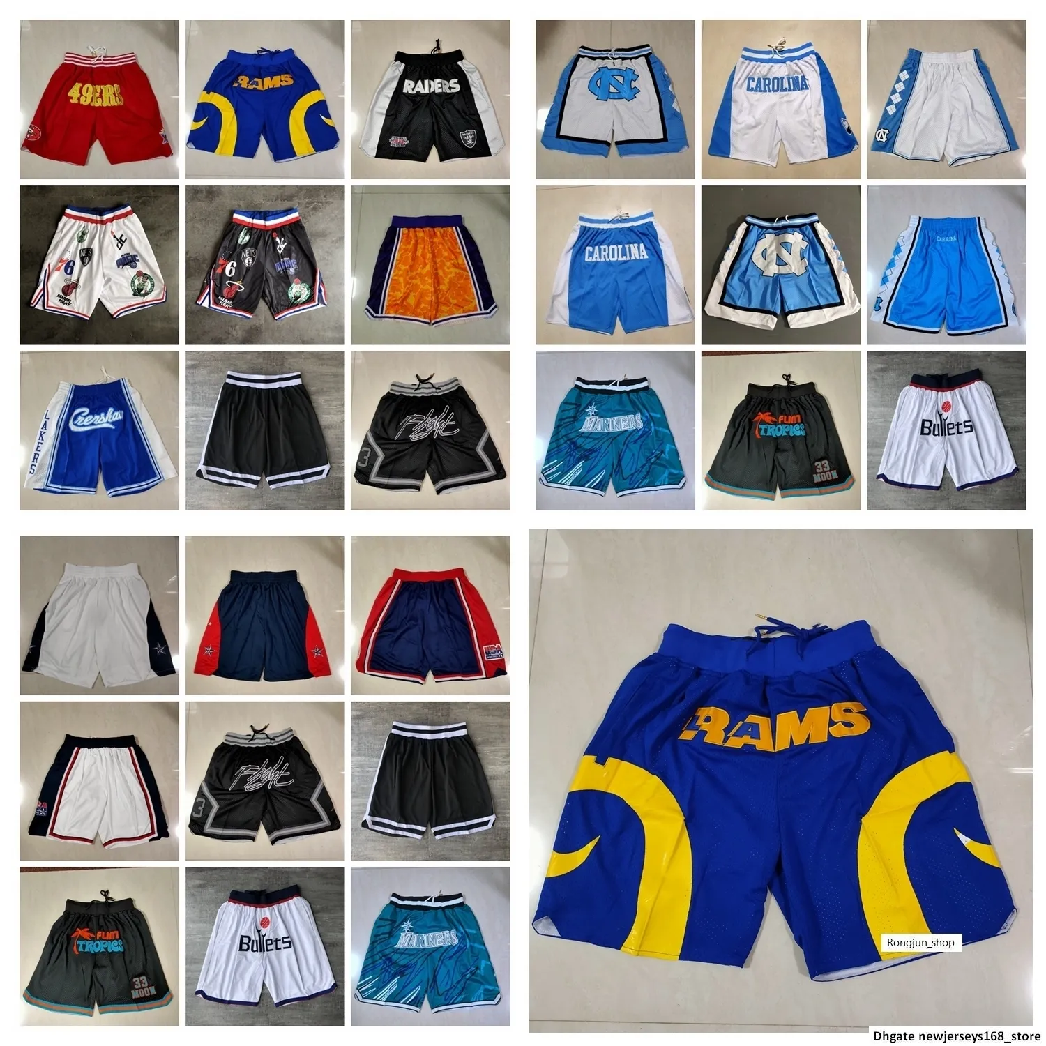 Team Basketball Shorts Just Don Retro Dream Bullets Wear Sport Pant With Pocket Zipper Sweatpants Hip Pop Red Blue