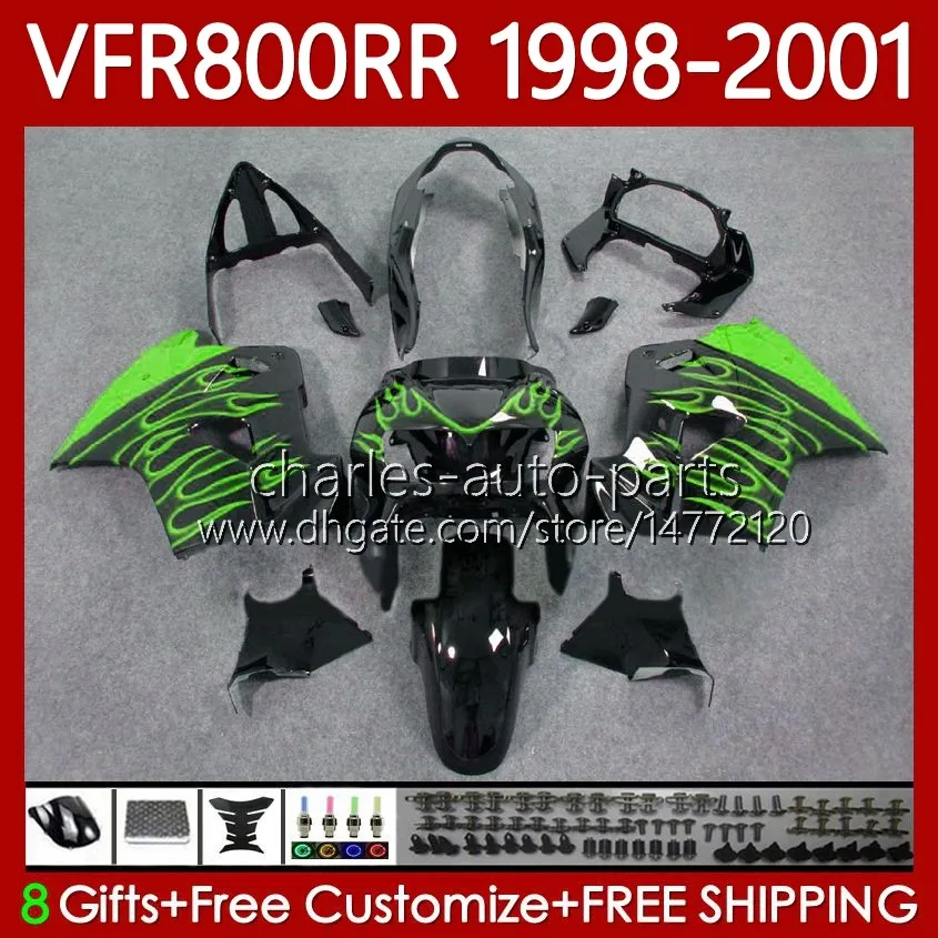 Bodywork For HONDA Interceptor VFR800R VFR 800RR 800 CC RR 98-01 Bodys 128No.39 VFR800RR 800CC VFR800 98 99 00 01 VFR-800 RR Green flames 1998 1999 2000 2001 Fairing Kit