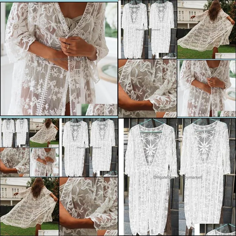 White Mesh Cover Embroidery Lace Beach Up Vestido Playa Kaftan Robe De Plage Pareo Bikini Tunics Sarongs