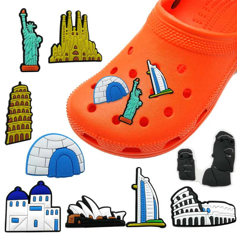 Moq 100pcs Özgürlük Heykeli Ünlü Croc Charms 2D Yumuşak Kauçuk Ünlü Mimarlık Serisi Ayakkabılar Aksesuarlar Aksesuarlar Ayakkabı Takımı Dekorasyonları Fit Sandalet Bileklik