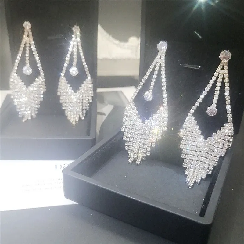 Dangle & Chandelier New Fashion Diamond Inlay Drop Long Hanging Earrings for Women Elegant Girl Tassel Earring Stylish Jewelry Personality Gift