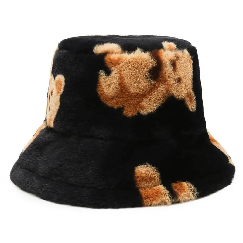 BERETS Fashion Autumn Winter Leopard päls hink hatt björn öron boll plysch fiskare mjuk varm tjock bassäng skydd hattsberets