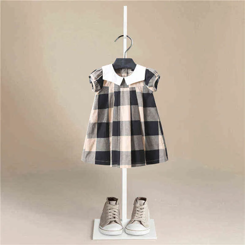 2022 Moda Plaid Girl Dress Princess Party Letter Print Casual Wear manga curta Roupas infantis Trajes de verão Novos 2-7 anos G220506