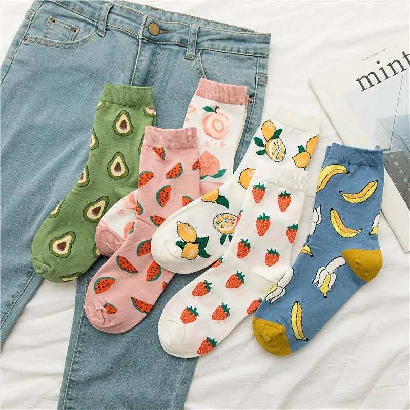 Meias Meios de verão Cartoon Fruit Fruit Cotton Watermelon Lemon Strawberry Banana Avocado Mulheres Versão coreana de Fashion Street Sockssocks