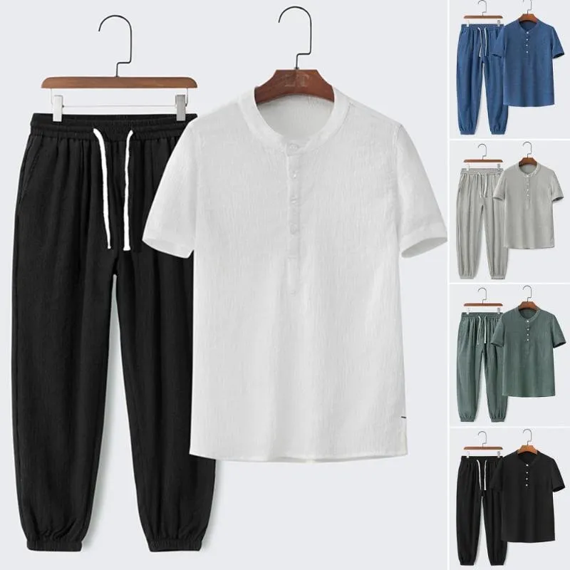 Survêtements pour hommes 1Set T-shirt d'été Pantalon Boutons de couleur unie Décolleté O-Cou Cordon Coupe décontractée Taille élastique Tenue pour homme de bureau ou
