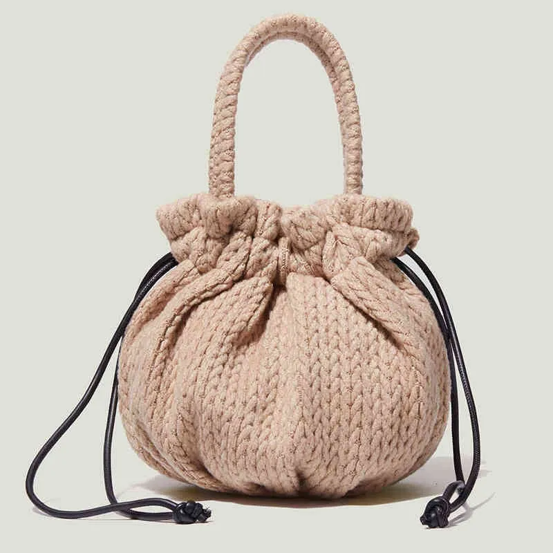 Evening Bags Woven Crochet Cotton Handbags for Women String Bucket Winter Ladies Shoulder Small Weave Casual Female Clutch Simple Purses 220407