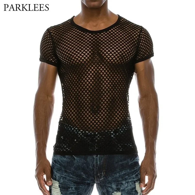 Mens Mesh Seethrough Fishnet T Shirt Fashion Sexy Short Sleeve Niglub Wear Tshirt Men Party Perform Streetwear Tops 220610