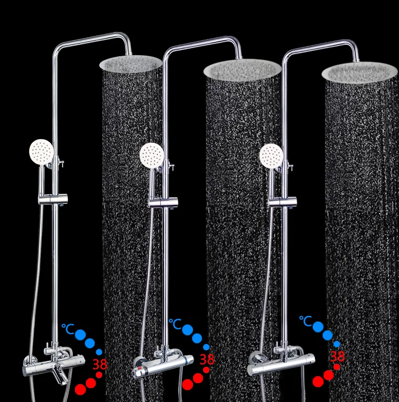 Termostatisk badrum duschkranuppsättning väggmonterad krom polerad badkar regnduschhuvudblandare vatten kranpaket