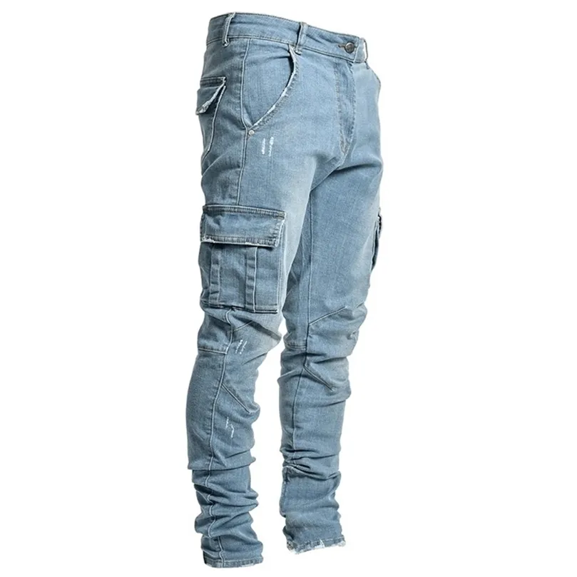 Style Work Fitness Jeans for Men Side Pockets Trousers Men Small Feet Trendy Streetwear Slim Fit Stretch Skinny Jeans 210318