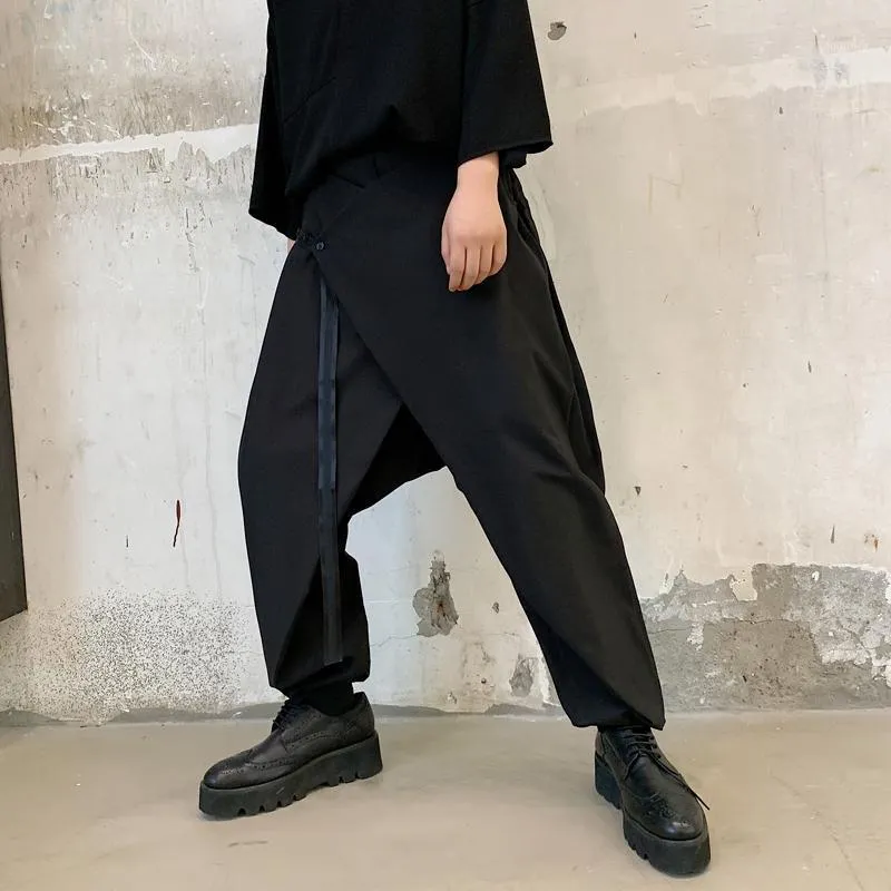 Calça masculina design irregular masculino casual gota grotch harém hip hop calça folga de dança gótica punk estilo punk